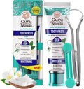 GuruNanda Hydroxyapatite Toothpaste for Whitening with Neem & Xylitol, SLS & Fluoride Free Formula with Tongue Scraper & Squeezer - Freshens Breath, Fights Plaque - Natural CocoMint Jasmine, 4.2oz