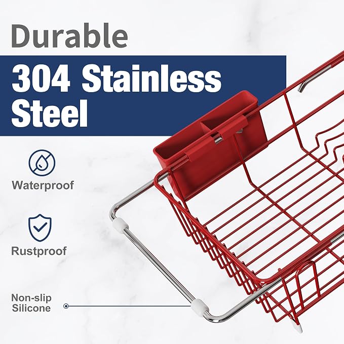 JASIWAY Red Dish Drying Rack in Sink, Dish Drainer with Utensil Holder | Over The Sink Expandable Stainless Steel Strainer Dryer Rack for Small Kitchen, Counter Space Saving, Fast Drain, Rustproof