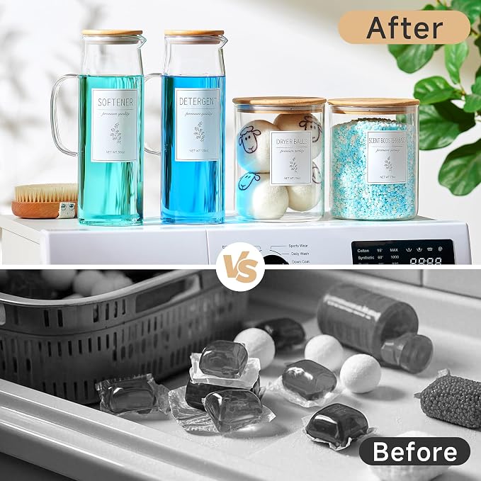 Glass Laundry Detergent Dispenser Set - 2x50oz & 2x70oz Borosilicate Containers with Bamboo Lids, Handle& Labels, Stores Powder,laundry pods,Fabric Softener, for Laundry Room organization and Decor