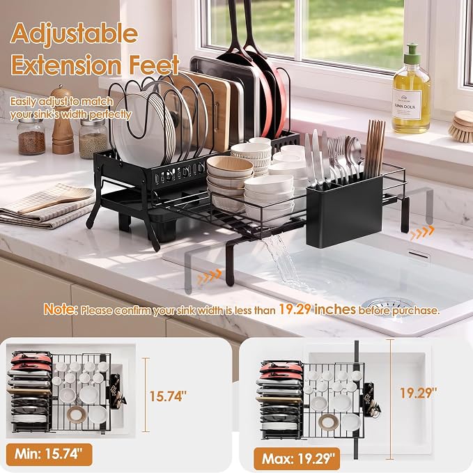 Housolution Large Expandable Dish Drying Rack for Kitchen Counter, Black | Rustproof, 9 Slots for Pan, Lid, Cutting Board, Utensil Holder, Adjustable Support Legs, Rotating Spout, Draining Tray