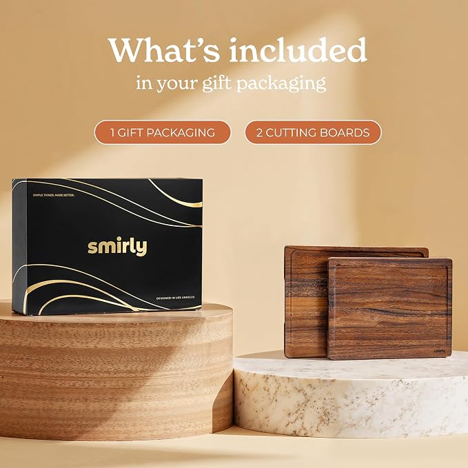 SMIRLY Walnut Wood Cutting Board - 2 Pack Cutting Boards for Kitchen | Non Toxic Walnut Cutting Board with Juice Grooves and Handles, Multiple Sizes Chopping Board for Meal Prep & Charcuterie