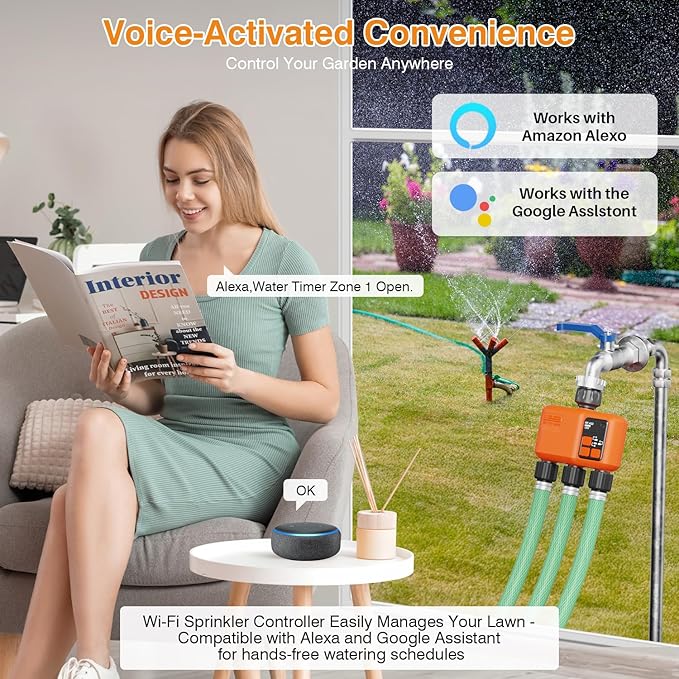 Smart WiFi Sprinkler Timer 3 Zone,WiFi Water Timer for Garden Hose with 984 FT Range,Strong Wall Penetration,APP & Remote Control,Alexa & Google Voice Compatible,Rain Delay, Manual Irrigation