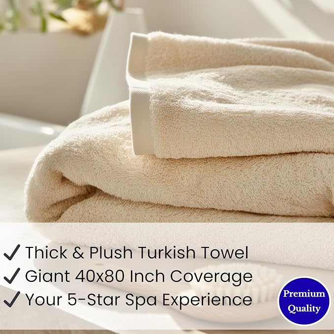 SALBAKOS Luxury 100% Turkish Cotton Bath Sheet 40x80 in (1-Piece, Ivory) | Extra Large Jumbo Oversized Bathroom and Beach Towel, Super Soft Highly Absorbent Thick Premium Hotel Quality, Made in Turkey