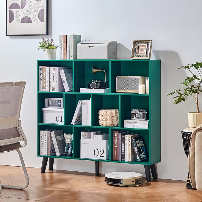 LEYAOYAO 10 Cube Bookshelf,Mid-Century Modern Bookcase with Legs,Dark Green | 3 Tier Book Shelf,Rustic Wood Bookshelves Freestanding Large Storage Organizer, Open Shelves for Bedroom, Living Room, Office