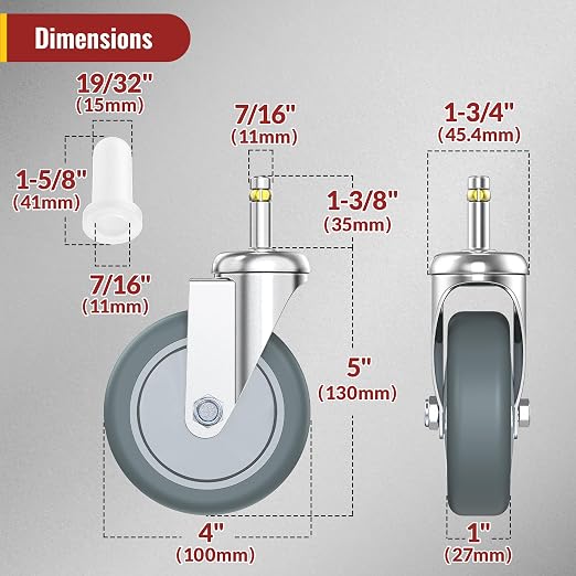 HOLKIE Stem Caster Wheels 4 inch Casters Set of 4, 7/16-Inch Stem Diameter Swivel Castors Heavy Duty TPR Rubber Replacement Castor for Cart, Stool, Mop Bucket, Grill, Shop Vac