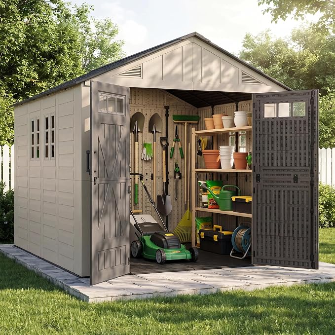Aoxun 8x10 Ft Outdoor Storage Shed with Floor, Large Resin Outdoor Shed with Lockable Door & Windows, Garden HDPE Sheds for Lawn Tools, Pool Supplies & Bikes