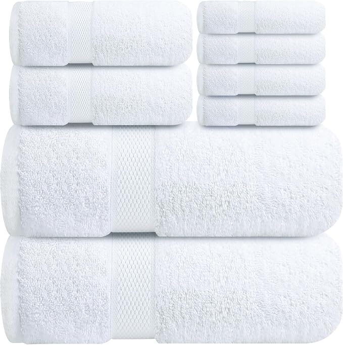 Infinitee Xclusives 100% Cotton Bath Towel Set – 8 Piece Bathroom Towel Set | (2 Bath Towels, 2 Hand Towels, 4 Washcloths) – Soft & Absorbent Towels for Bathroom - Gym, Shower, Spa & Hotel Use