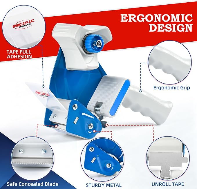 Pacific Mailer 2 Inch Tape Gun Dispenser with 2 Inch Carton Packing Tape, Lightweight Industrial Side Loading Tape Dispenser - Blue