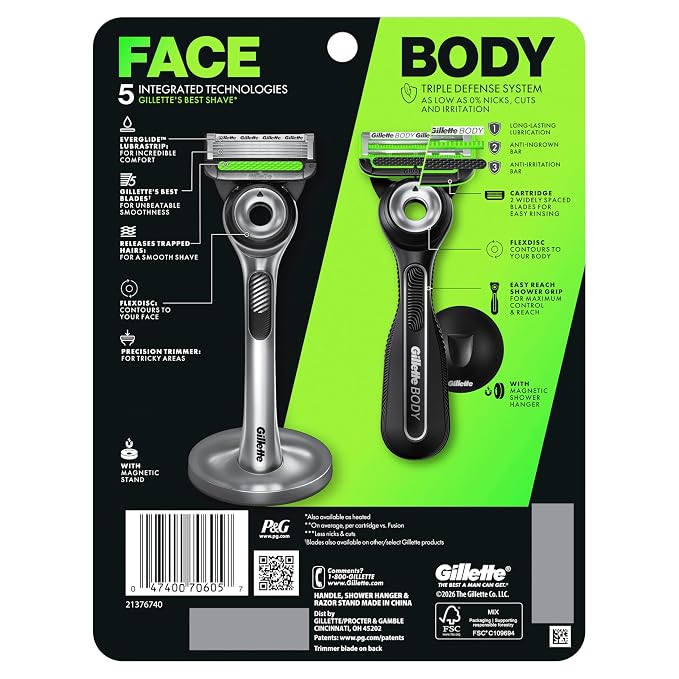 Gillette Labs Razor Duo Pack for Men, 1 Face Razor, 1 Body + Intimate Razor, 4 Razor Blade Refills (2 Face, 2 Body)