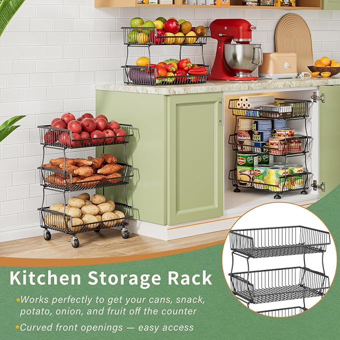 OKZEST Pantry Organizers and Storage Cart with Upgraded Metal Hub Casters | Fits under pantry shelf, Stackable fine-mesh wire baskets, 3-Tier rolling cart holds drink, snack, can, potato, onion, fruit