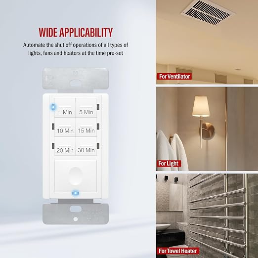 Enerlites Bathroom Timer Countdown Switch, HET06A-R | in-Wall Electrical Timer for Fans, Electrical Outlets, Indoor and Outdoor Lights,with On/Off Switch | White (Pack of 40)