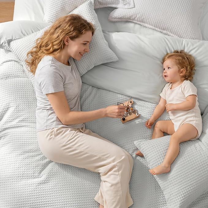 PHF Waffle Weave Duvet Cover Set Queen Size, No Snagging Ultra Soft Luxury Textured Breathable Comforter Cover for All Season 3pcs, Durable Bedding Duvet Set with 2 Pillow Shams, 90"x90", Light Grey