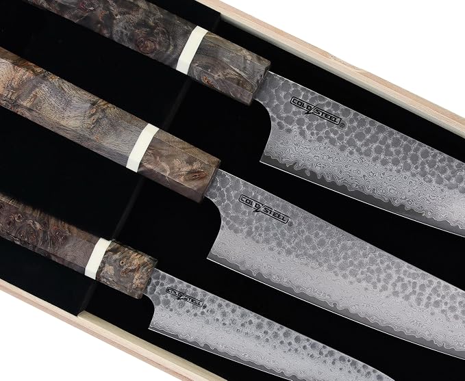 Cold Steel Japanese VG-10 Damascus 3-Piece Kitchen Knife Set – VG-10 Steel Chef Knives with Damascus Pattern for Precision Cutting & Kitchen Use
