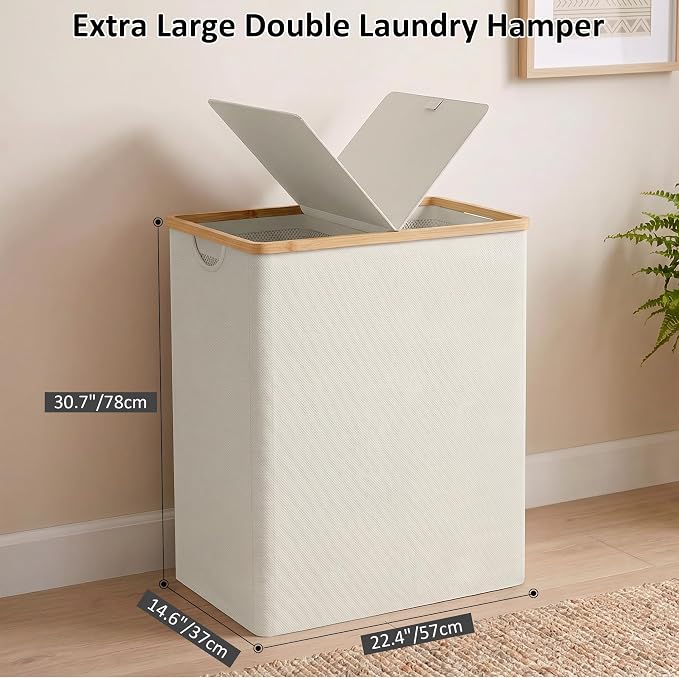 efluky Laundry Hamper with Lid, Double Laundry Basket with 2 Removable Bags, 2 Section Laundry Bin with Bamboo Handles for Bathroom, Bedroom & Laundry Room, 170L (44.9 Gallon) Beige