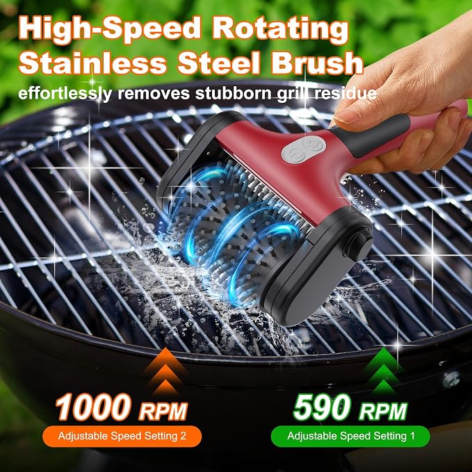 Electric Grill Brush for Outdoor Grill,2600mAh Rechargeable Electric Grill Cleaner with 2-Speed(Max 1000RPM)，2 Replacement Heads and LED Light for Outdoor/Camping BBQ Grates Cleaning Tool (Red)