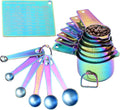 Kich 14 Piece Iridescent Rainbow Stainless Steel Measuring Cups and Spoons Set Magnetic Metal Kitchen Conversion Chart Included Large Small and Mini Scoop Cute Colorful Design