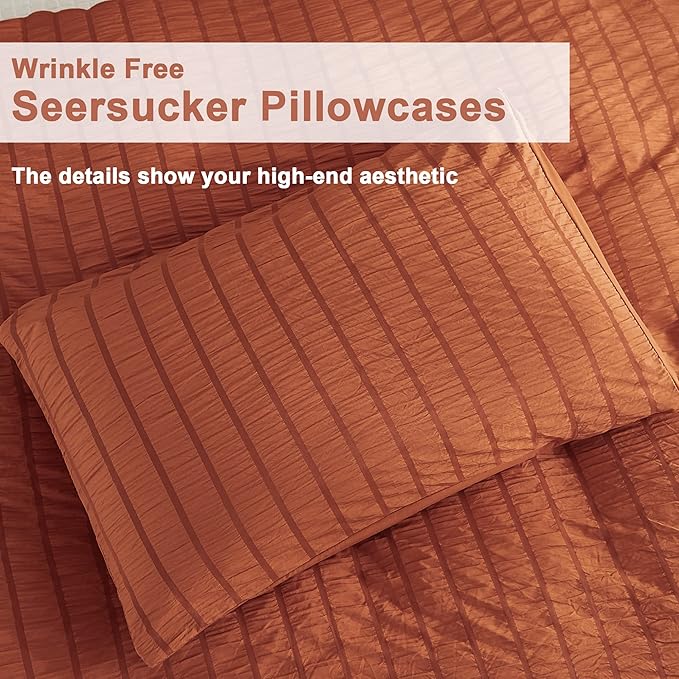 AveLom Terracotta Seersucker Duvet Cover Set Full Size (80 x 90 inches), 3 Pieces (1 Duvet Cover + 2 Pillow Cases), Ultra Soft Washed Microfiber, Textured Duvet Cover with Zipper Closure, Corner Ties