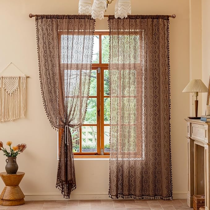 Sutuo Home Boho Floral Curtains 2 Panels for Kitchen Bedroom, Cottagecore Lace Sheer Curtains Bohemian Drape Crochet Vintage Tassels Privacy Window Treatments Rustic Rod Pocket, 50" x 63" Dark Coffee