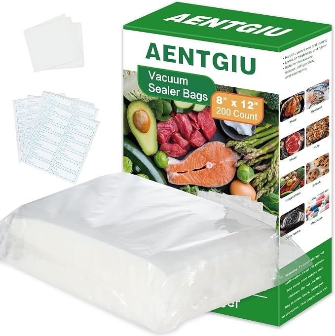 200 Vacuum Sealer Bags For Food, 8x12 Inch Thick BPA Free Vacuum Sealer Storage Bags, Compatible with All Vac Machines, Food Saver, Seal a Meal, Weston, Commercial Grade Precut Prep Sous Vide Bags