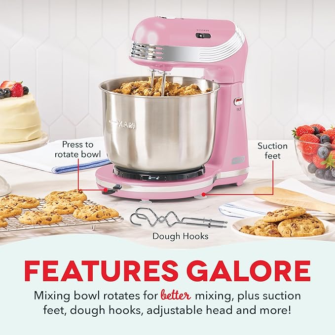 Dash Everyday Stand Mixer - Compact Tilt-Head Stand Mixer for Everyday Recipes - 6-Speed Power with Stainless Steel Bowl - Pink, 3-Quart