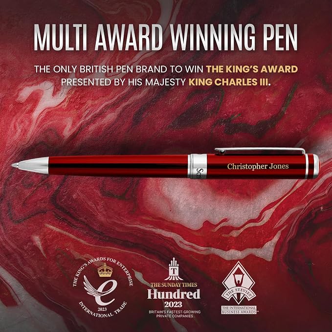 Scriveiner Personalized Deep Crimson Red Ballpoint Pen - Stunning Red Lacquer Luxury Pen with Chrome Finish, Schmidt Ink Refill, Engraved Ball Point Gift Set for Men & Women, Custom Engraving