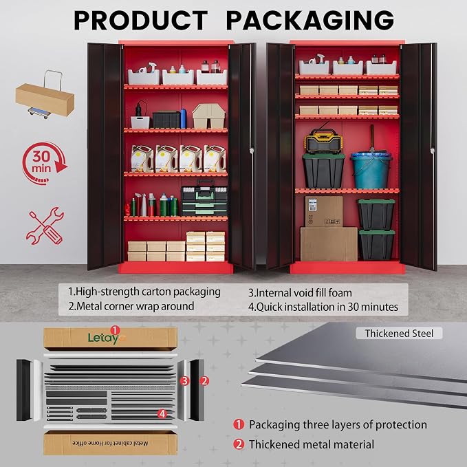 Metal Storage Cabinets with Lock, 71" Tall Locker Organizer Steel Cabinets, Adjustable Shelves 2 Doors for Home, Office, Warehouse,Garage,Industrial,Employee Lockers (Style B, Black Red)