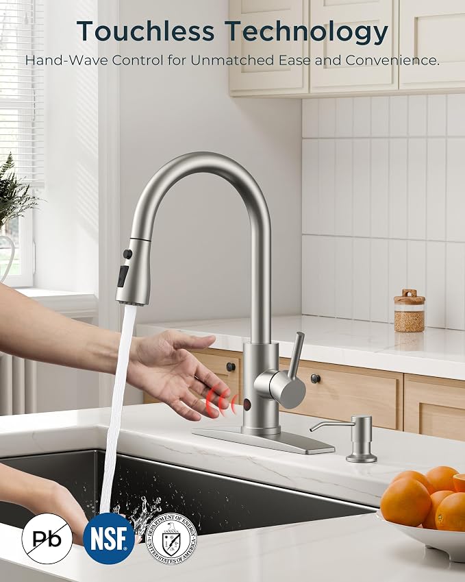 FORIOUS Touchless Kitchen Faucet with Soap Dispenser, Brushed Nickel, Hands-Free, Smart Motion Sensor Contemporary Bar Sink Faucet with Pull Down Sprayer for Farmhouse RV Camper