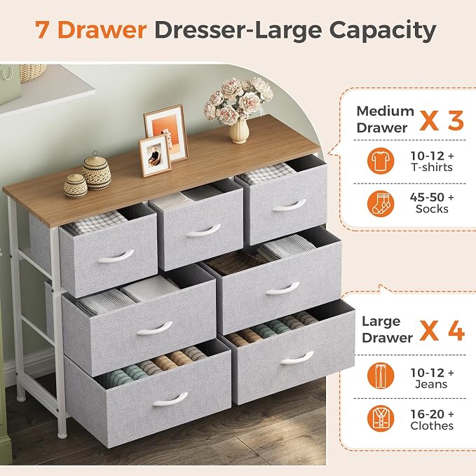 Sweetcrispy 7 Drawer Dresser with Fabric Bins, Fabric Storage Tower Organizer for Bedroom, Closet, Hallway, Entryway, Tall Chest of Drawers with Steel Frame, Wood Top, Light Grey