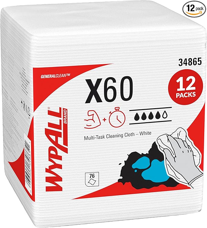 WypAll GeneralClean X60 Cloths Multi-Task Cleaning Wipes (34865), Quarterfold, Strong and Absorbent Towels, White (12 Packs of 76 Sheets, 912 Sheet Total)