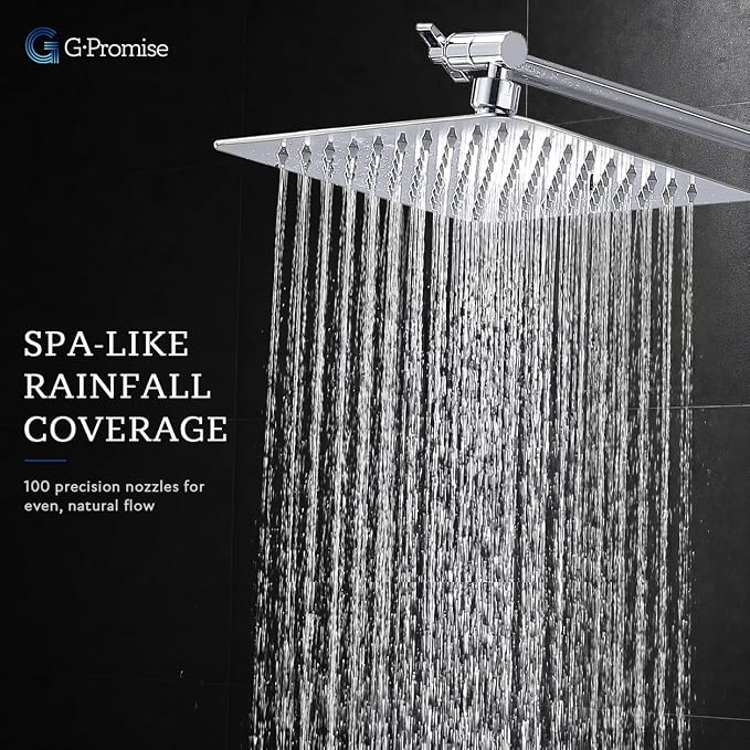 G-Promise All Metal 8 Inch Dual Square Shower Head with Handheld Spray Combo, Rain Shower Head, Adjustable Extension Arm, Smooth 3-Way Diverter, 71 Inch Extra Long Hose - A Bathroom Upgrade (Chrome)