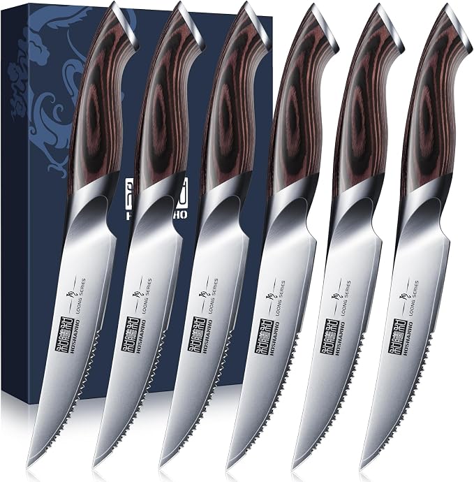 HOSHANHO Steak Knives Set of 6, Ultra Sharp 4.5 In Serrated Steak Knife Set | Japanese High Carbon Stainless Steel Kitchen Steak Knives with Ergonomic Pakkawood Handle, Ideal Gifts