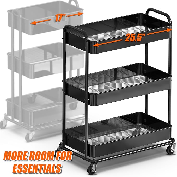 Simple Houseware 26" Extra-Wide 3-Tier Heavy Duty Metal Utility Cart, Black | High-Capacity Rolling Cart Organizer for Spa, Salon, Office, and Home Storage