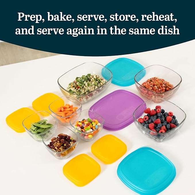 Libbey Serve It Glass Storage Bowls Set of 14 Stackable 2,6,8 Cup Food Storage Containers with Sung Fit Lids, Glass Bowls Set for Snacks, Leftover or Meal Prep