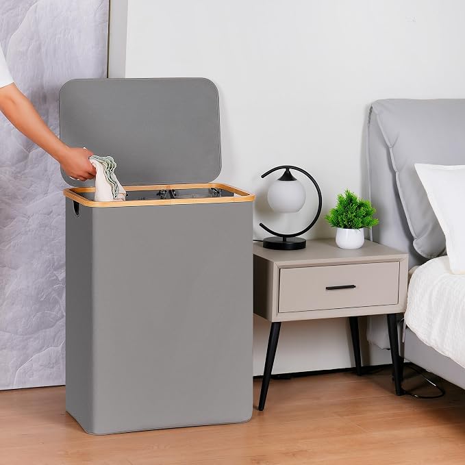 efluky Laundry Hamper with Lid, Trio Laundry Basket with 2 Removable Bags, 3 Section Laundry Bin with Bamboo Handles for Bathroom, Bedroom & Laundry Room, 160L (42.3 Gallon) Silver Grey