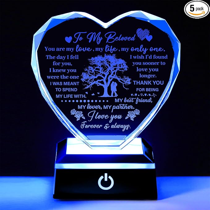 ZHSHWAT Romantic Crystal Heart Night Light for Wife Love Tree Engraved Keepsake from Husband | Anniversary, Birthday, Valentine's Day Gift for Her I Love You Forever & Always