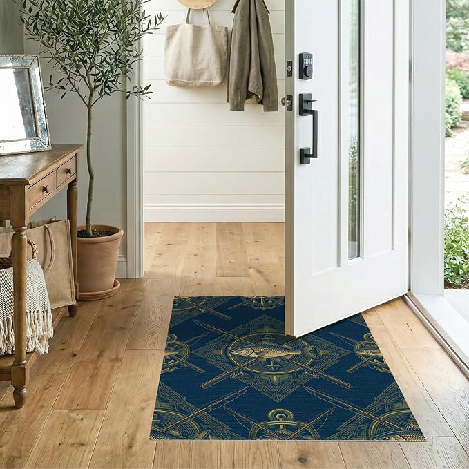 2'x3' Washable Area Rug Bass Nautical Wildlife Icons Lure Tackle Motif Border Fish Fishing Refined for Entryway, Kitchen, Laundry Room, Stain Resistant Thin Throw