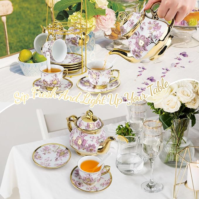 20 Pcs Porcelain Tea Set with Metal Holder European Flower Tea Sets for Adults, Ceramic Tea Party Set European Flower Painting Teapot Cup Saucer Spoon Set for Women, Large Version (Elegant Purple)