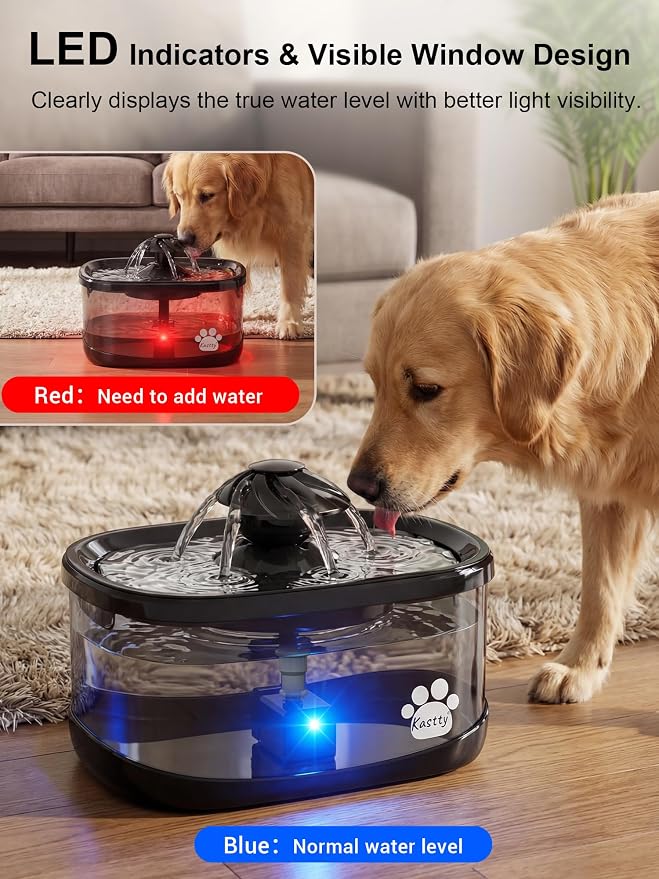 Kastty 9.5L Dog Water Fountain,Large Pet Water Fountain for Dogs Inside | 2.5Gal Quite Dog Water Bowl Dispenser with Water Window & LED,Dog Water Bowl with Multi-Filtration for Pets(FS82,Black)
