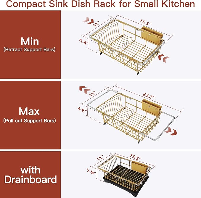 JASIWAY Gold Dish Drying Rack in Sink with Drainboard and Utensil Holder | Use Over the Sink or Counter, Stainless Steel Expandable Dish Drainer for Small Kitchen, Space Saving, Fast Drain, Rustproof