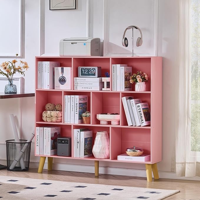 LEYAOYAO 10 Cube Bookshelf,Mid-Century Modern Bookcase with Legs,Light Pink | 3 Tier Book Shelf,Rustic Wood Bookshelves Freestanding Large Storage Organizer, Open Shelves for Bedroom, Living Room, Office