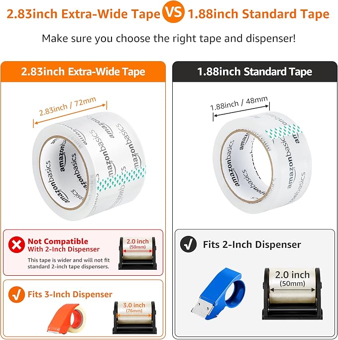 Amazon Basics 2.83 Inch Wide Packing Tape, Fits 3-Inch Dispensers, Crystal Clear, Low Odor, for Moving, Storage, Shipping and Sealing Boxes, 54.6 Yards, 12-Pack