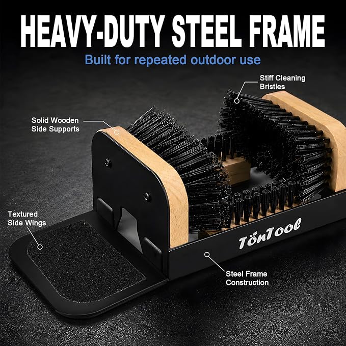 Boot Brush Scraper Outdoor Heavy Duty Boot Cleaner Brush Outdoor with Natural Stiff Bristles Boot Scrapers with Brushes Outdoor Steel Frame Non-Slip Base Foldable Side Wings Wall Mount or Freestanding
