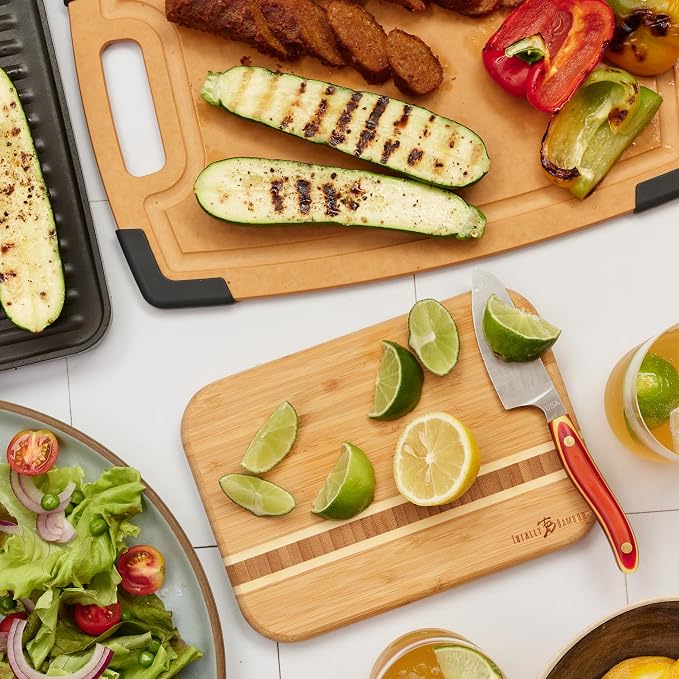Totally Bamboo Barbados Small Bamboo Cutting Board, 9 x 6.5 Inches | Small cutting board for fruit, vegetables, garnishes, and sandwiches. End-grain bamboo inlay adds standout style.