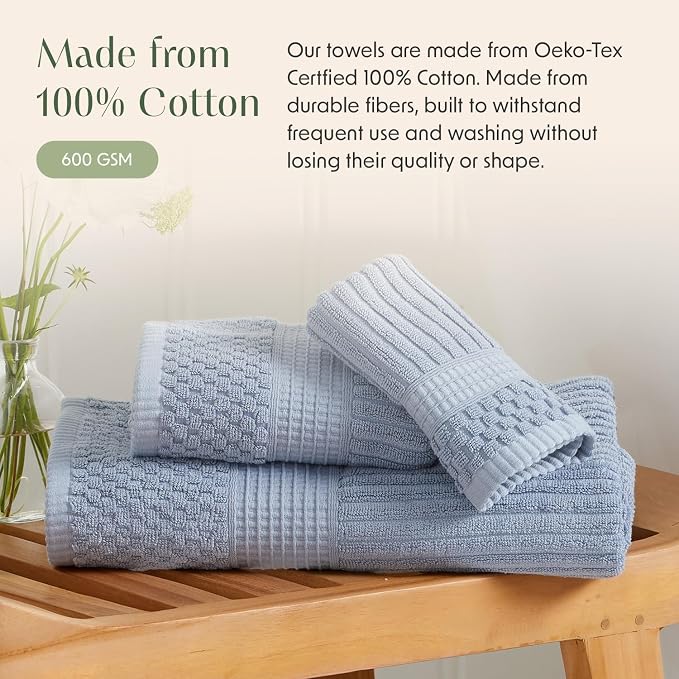 Springtree Home 100% Cotton Bath Towel Set | 6-Piece Set | Textured | Blue | Absorbent & Quick-Dry Bathroom Towels | Textured and Durable Cotton Towels for Bathroom | OEKO-TEX | Krista Collection
