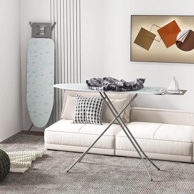 COSTWAY Ironing Board Full Size, Foldable Iron Table w/Rest, Height Adjustable, Removable Cover, Heavy-Duty Metal, Compact and Space Saver Iron Board for Living Room, Laundry (Turquoise Leaves)