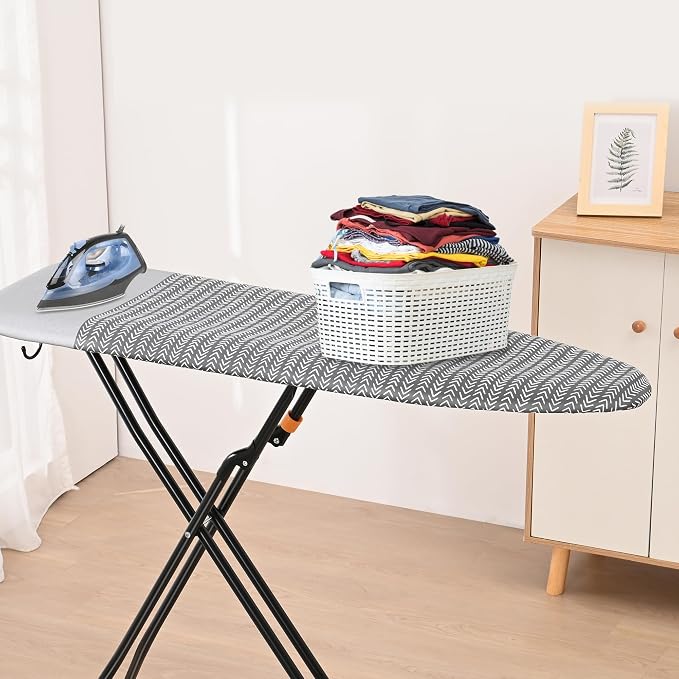 Ironing Board, Compact and Space Saver Iron Board, Safety Ironing with Park Zone and 4 Layers Extra Thick Cover, Patented Lock System for Foldable Leg, Easy Storage with Smart Hanger (13x43)