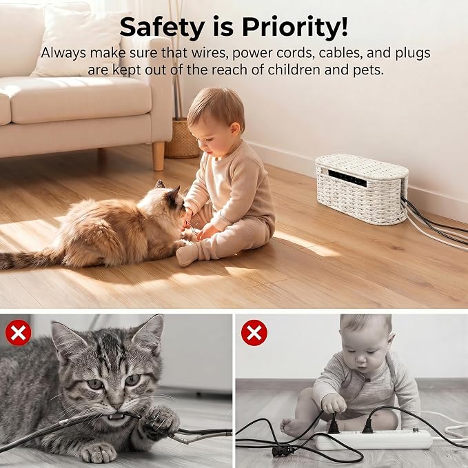 Set of 2 Cable Management Box, Handwoven Paper Rope Cord Hider Organizer Boxes with 3 Side Open Slots, Cable Organizer Box to Hide Cords Power Strip, USB Hub, TV Wires for Home, Office,Cream