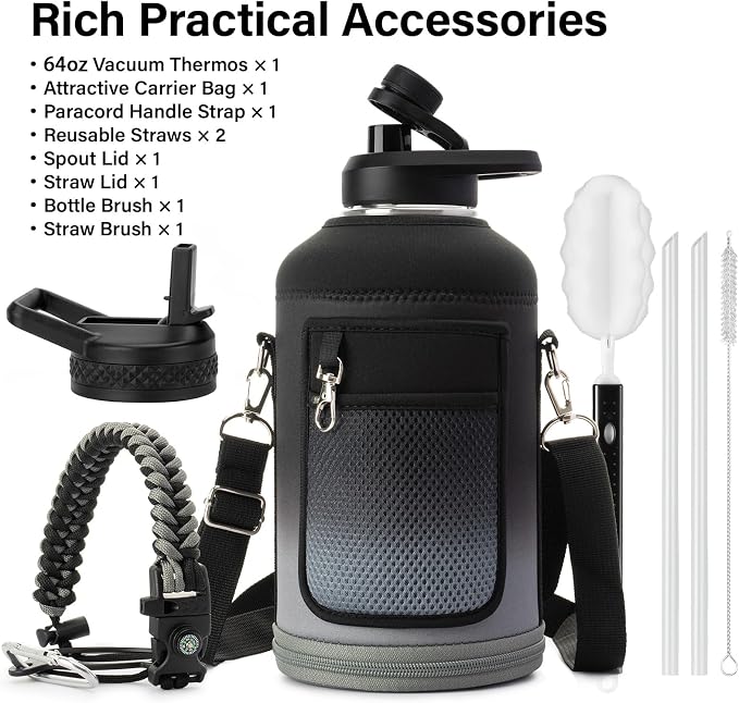 DYSANKY Insulated Water Bottle | Thickened Stainless Steel Vacuum Metal | Portable Sports Half Gallon Large Water Jug for Gym and Hiking with Straw, Carrier Bag, Handle Strap | BPA-Free 64 oz