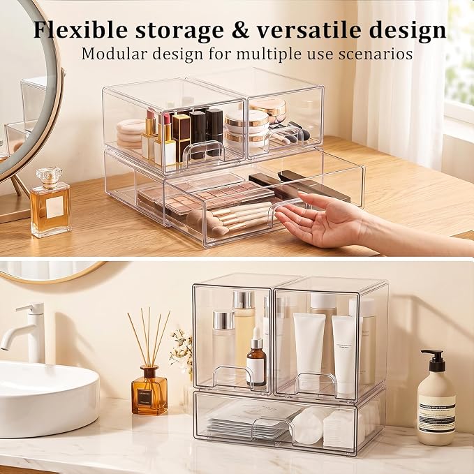 Clear Stackable Storage Drawers: Baby Bottle Storage Organizer, Acrylic Bottles Station Organizer Container for Countertop, Vanity, Bathroom, Cabinet Organization - 6 Pack