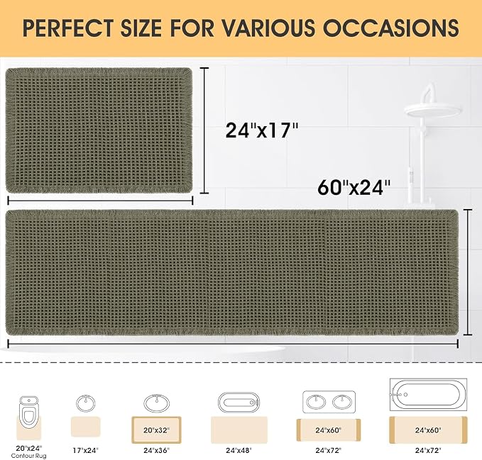 IM HOME Waffle Bath Mat Set 2 Piece Olive Green,Woven Modern Bath Rug Mats, Absorbent Non Slip Bath Floor Mat, Soft Washable Boho Bath Rugs with Tassels for Bathroom, Bedroom, Kitchen,Tub